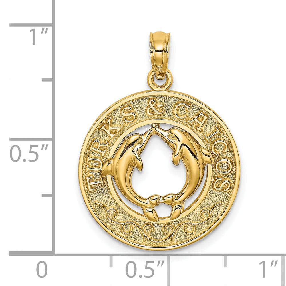 14K Yellow Gold Polished Textured Finish TURKS & CAICOS Circle Design with Double Dolphins Charm Pendant