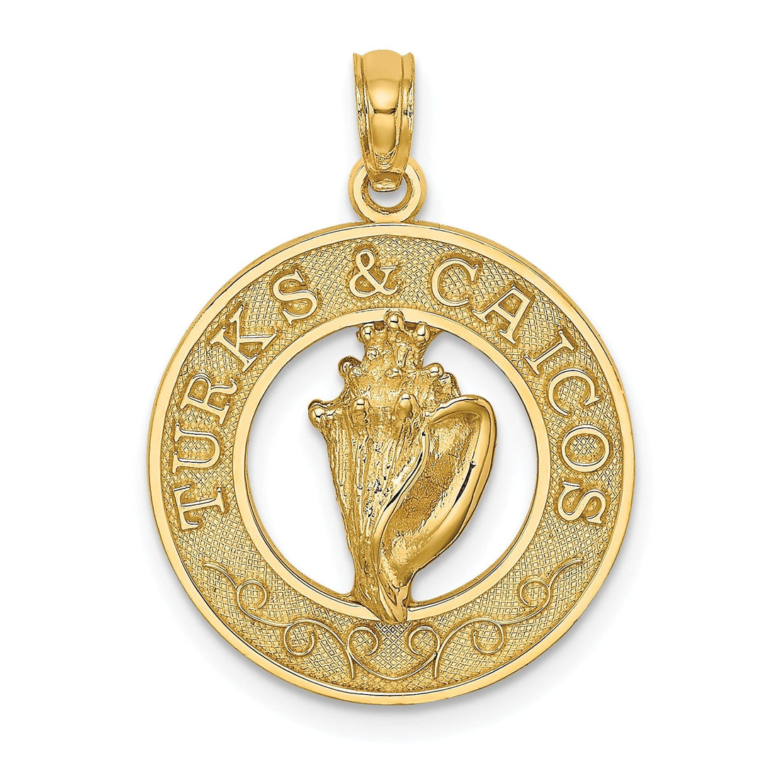 14K Yellow Gold Polished Finish TURKS & CAICOS Circle Design with Conch Shell Charm Pendant