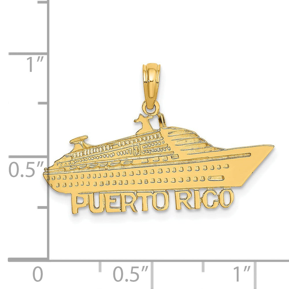 14K Yellow Gold Textured Polished Finish PUERTO RICO Banner Under Cruise Ship Charm Pendant