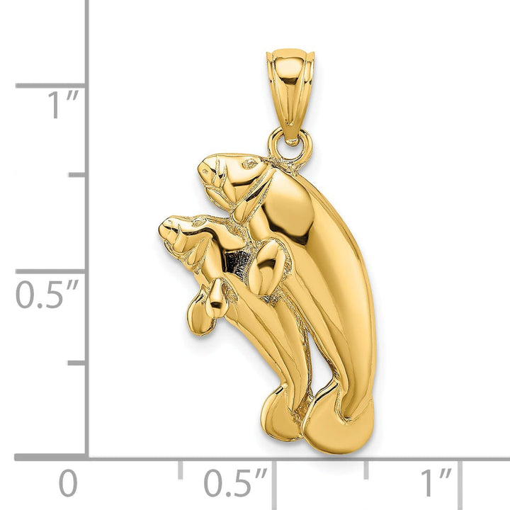 14K Yellow Gold Polished Finish 2-Dimensional Two Manatees Design Charm Pendant
