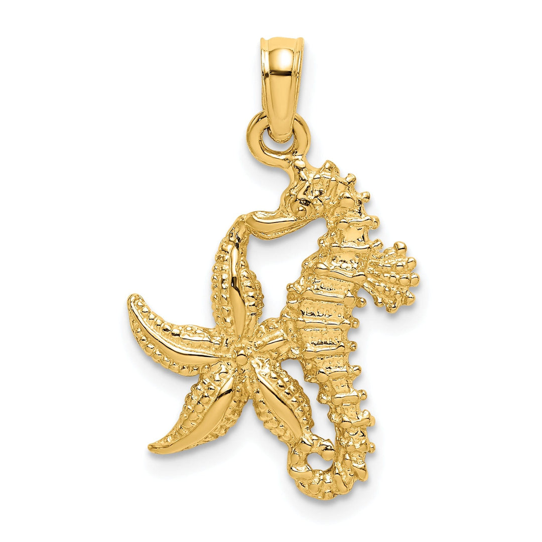 14K Yellow Gold Polished Texture Finish Solid Starfish and Seahorse Design Charm Pendant