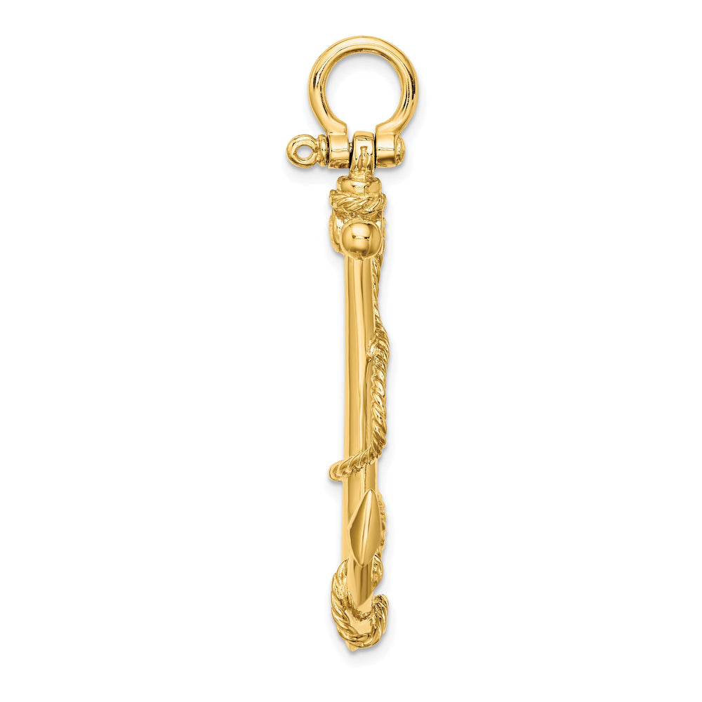 14K Yellow Gold Polished Finish 3-Dimensional Large Anchor with Rope Design Charm Pendant