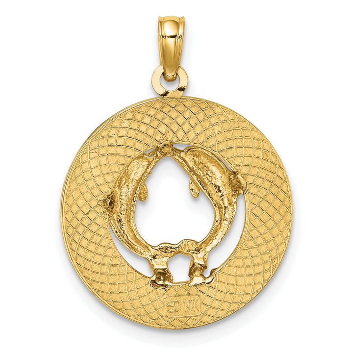 14K Yellow Gold Polished Textured Finish SAINT THOMAS Circle Design with Double Dolphins Charm Pendant