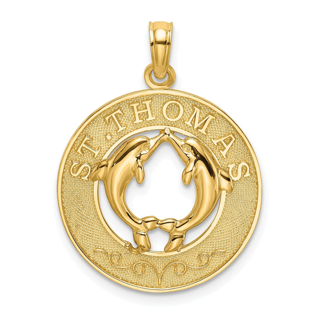 14K Yellow Gold Polished Textured Finish SAINT THOMAS Circle Design with Double Dolphins Charm Pendant