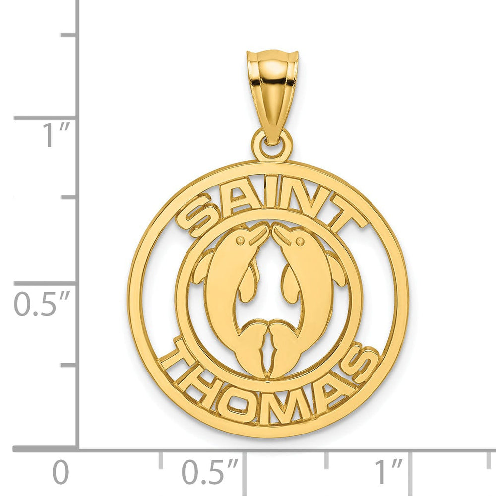 14K Yellow Gold Polished Finish SAINT THOMAS Circle Design with Double Dolphins Charm Pendant