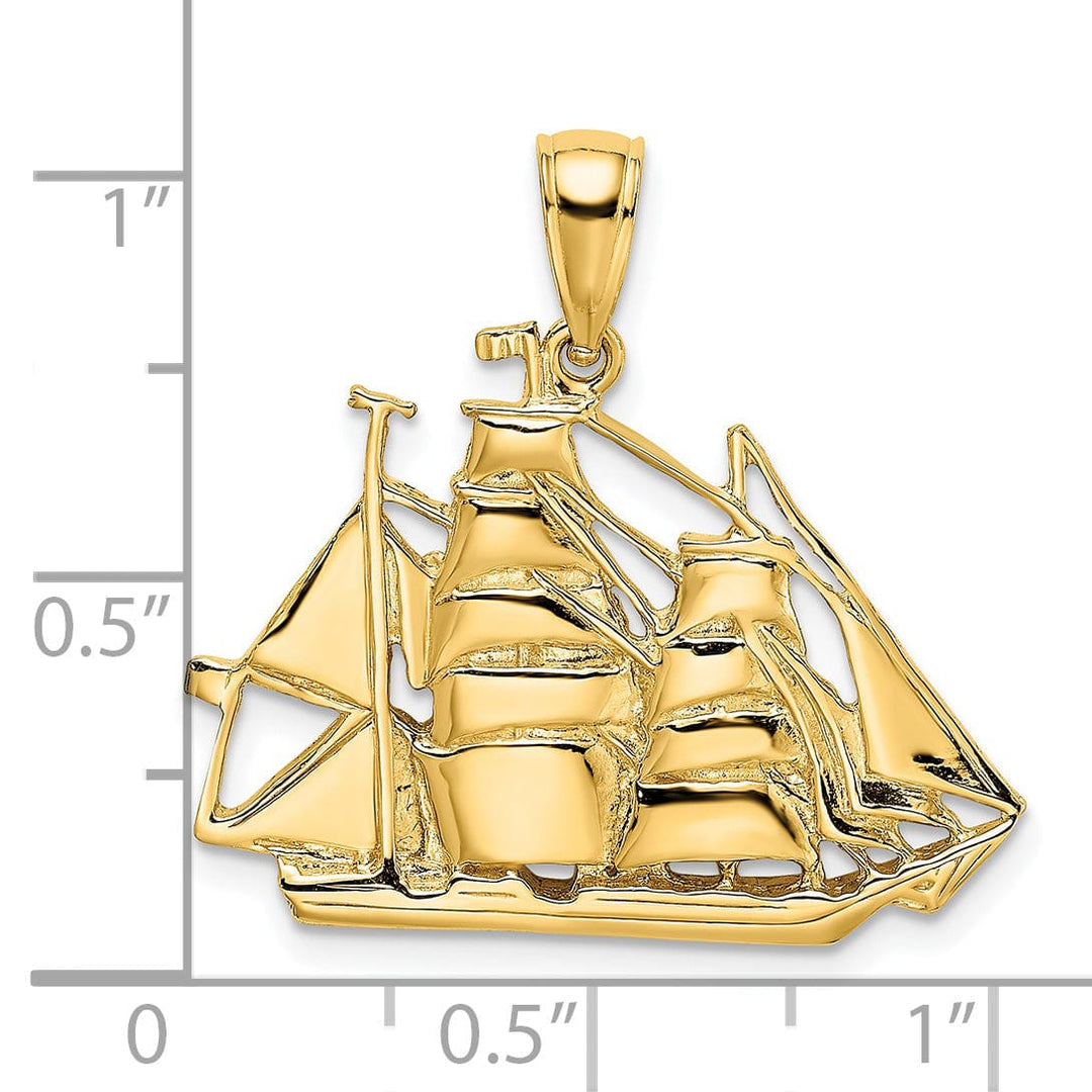 14K Yellow Gold 2-Dimensional Polished Finished Sailing Ship Charm Pendant