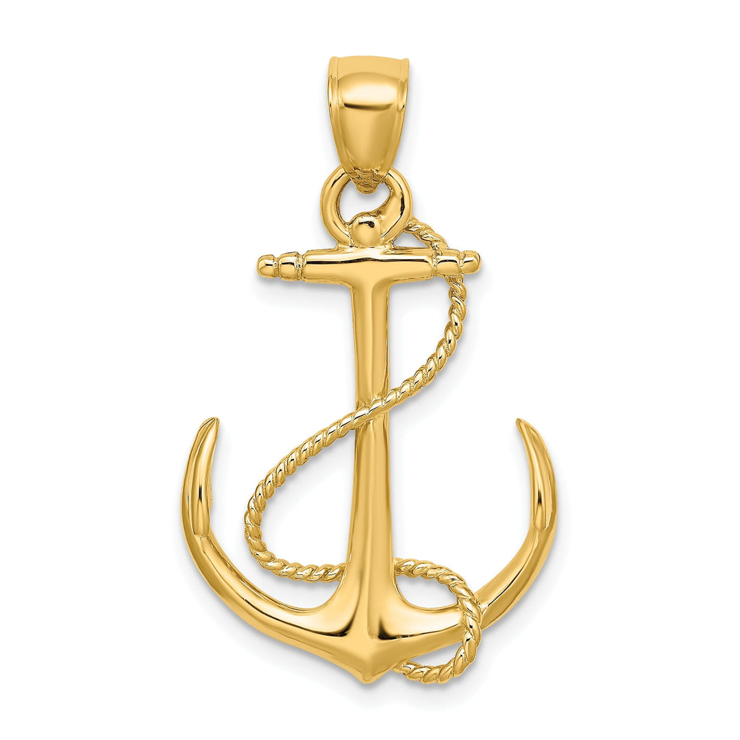 14K Yellow Gold 3-Dimensional Polished Finished Anchor with Rope Design Charm Pendant