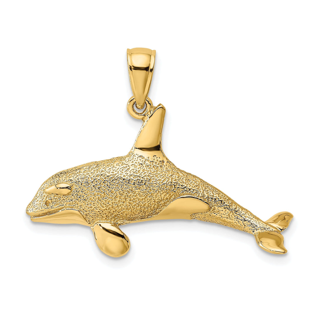 14K Yellow Gold Textured Polished Finish 2-Dimensional Killer Whale Charm Pendant