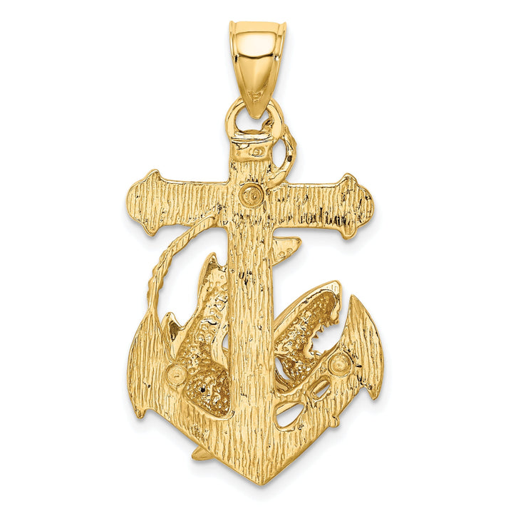 14K Yellow Gold Textured Polished Finish 2-Dimensional Anchor with Shark Design Charm Pendant