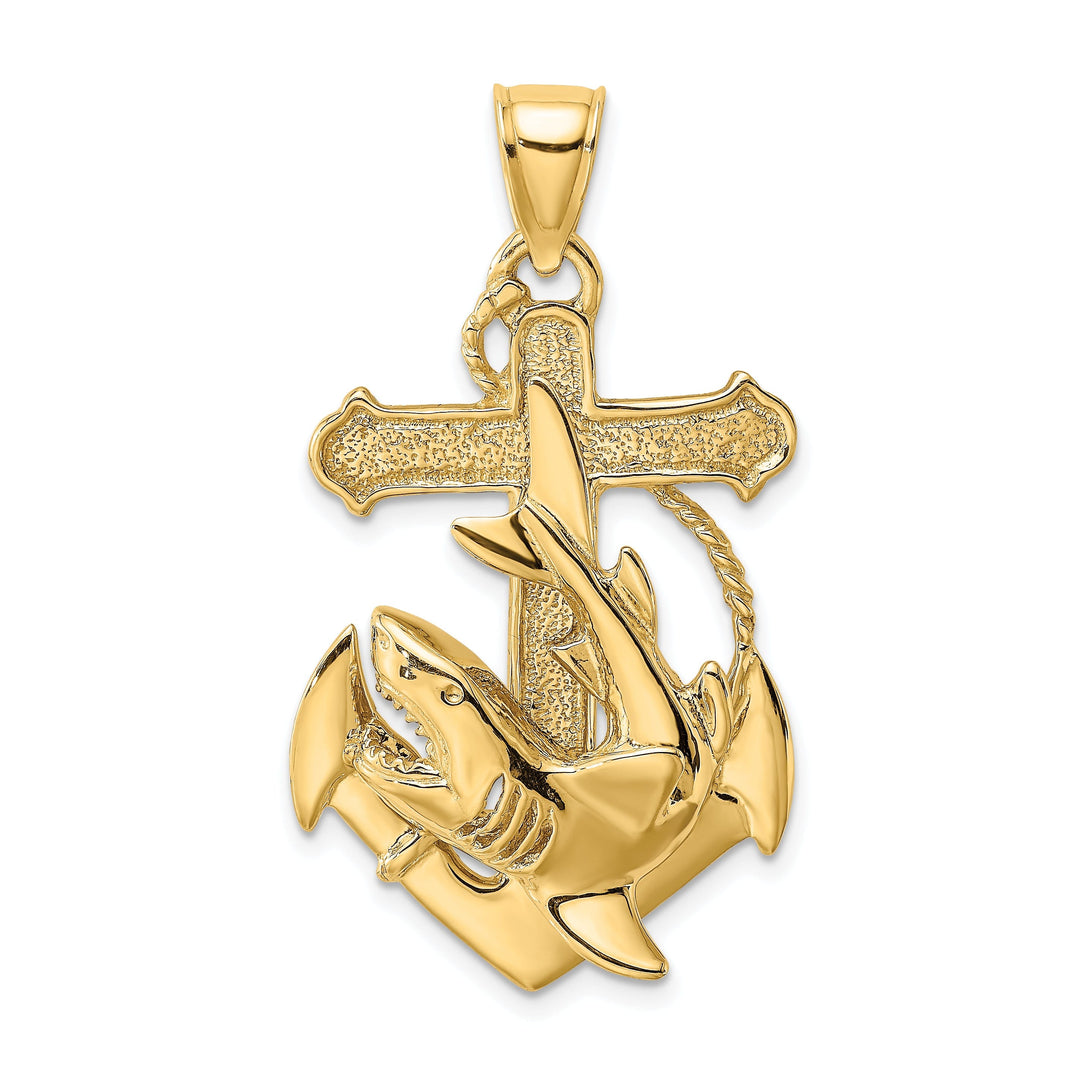 14K Yellow Gold Textured Polished Finish 2-Dimensional Anchor with Shark Design Charm Pendant