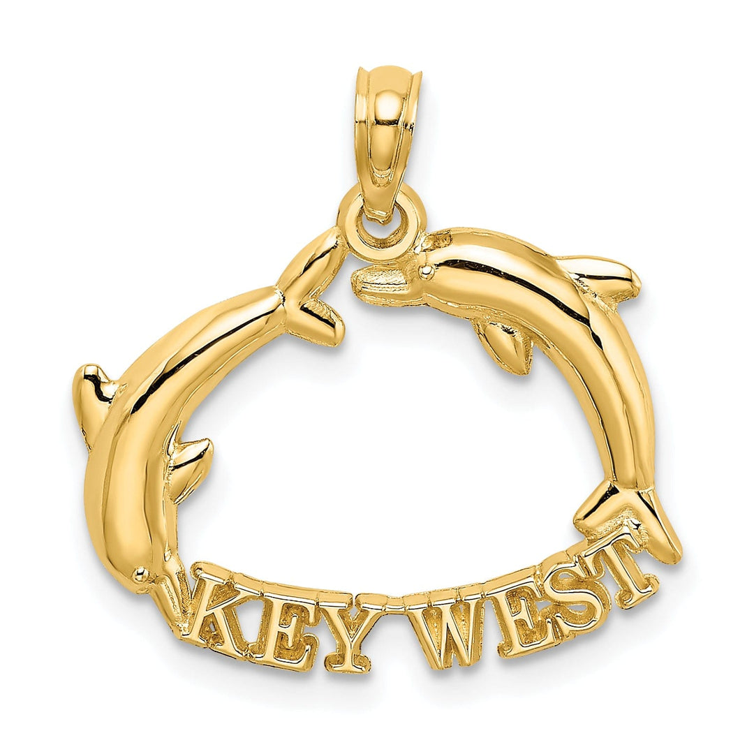 14K Yellow Gold KEY WEST Banner Under Double Dolphins Design Charm Pendant