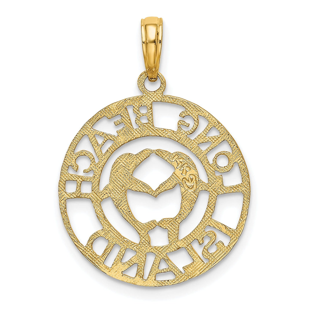 14K Yellow Gold Polished Finish LONG BEACH ISLAND with Double Dolphins Design Charm Pendant