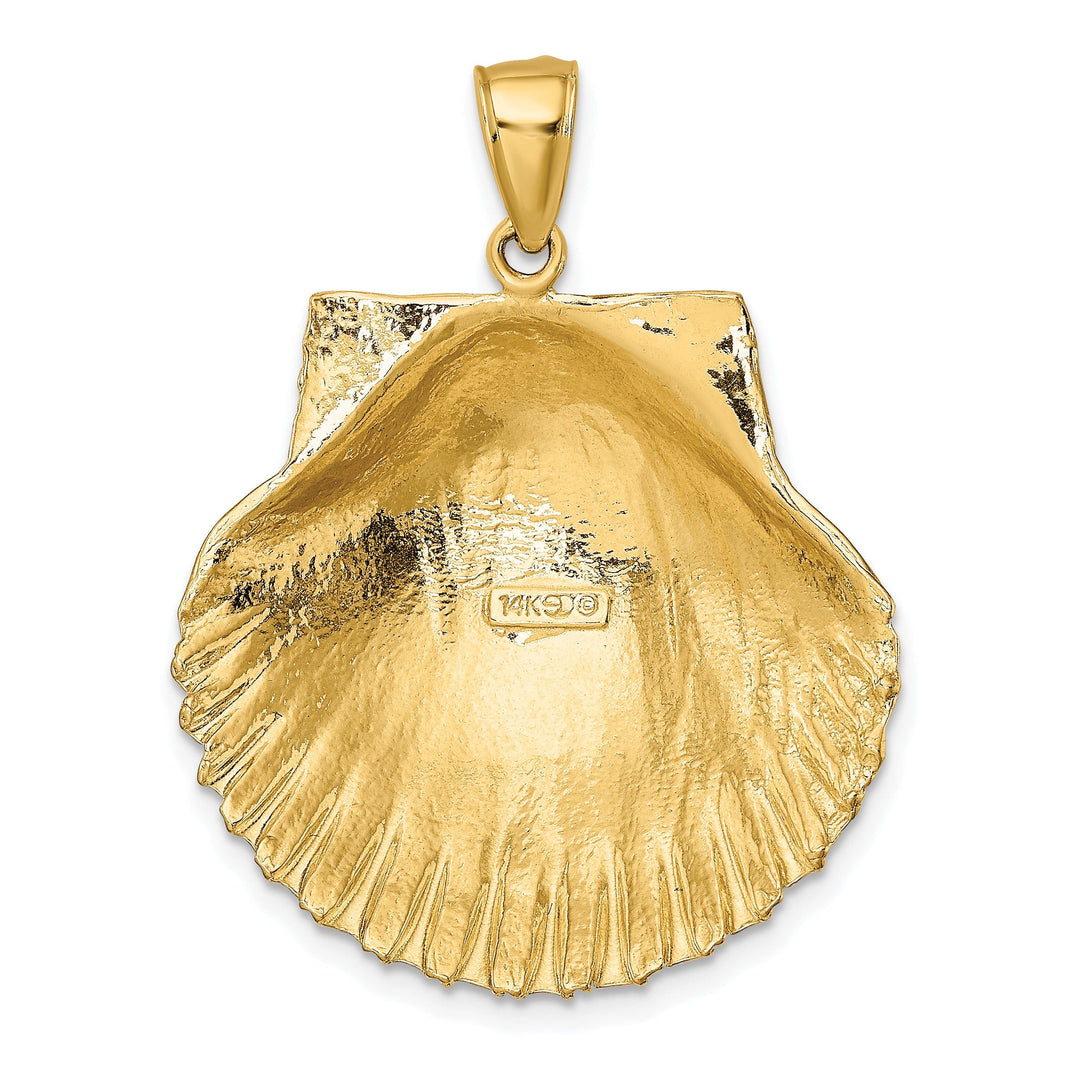 14K Yellow Gold 3-Dimensional Polished Textured Finish Scallop Sea Shell Charm Pendant