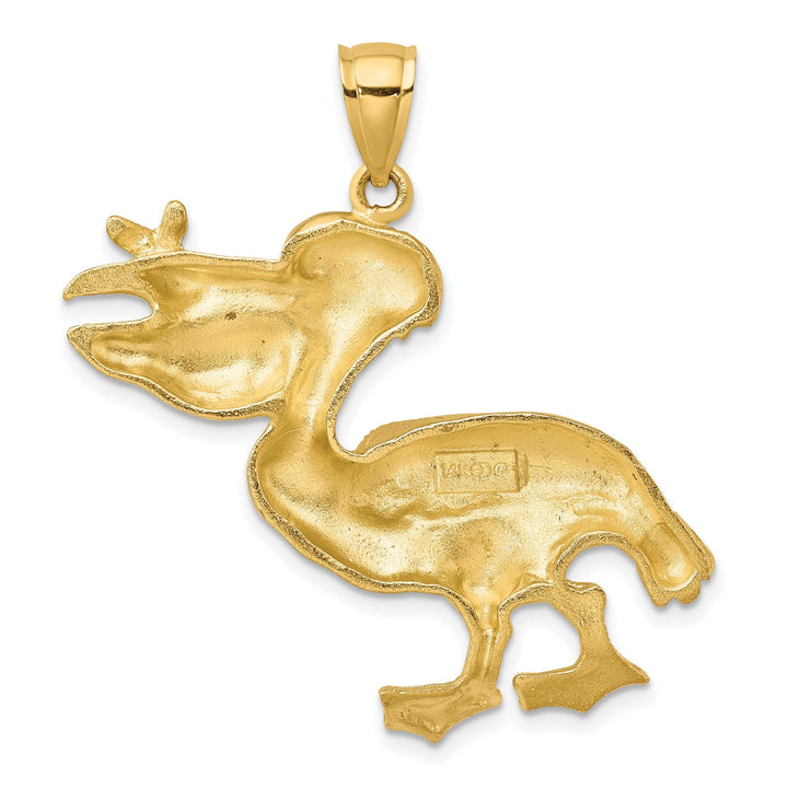 14K Yellow Gold Polished Textured Finish Pelican with Fish In Mouth Charm Pendant
