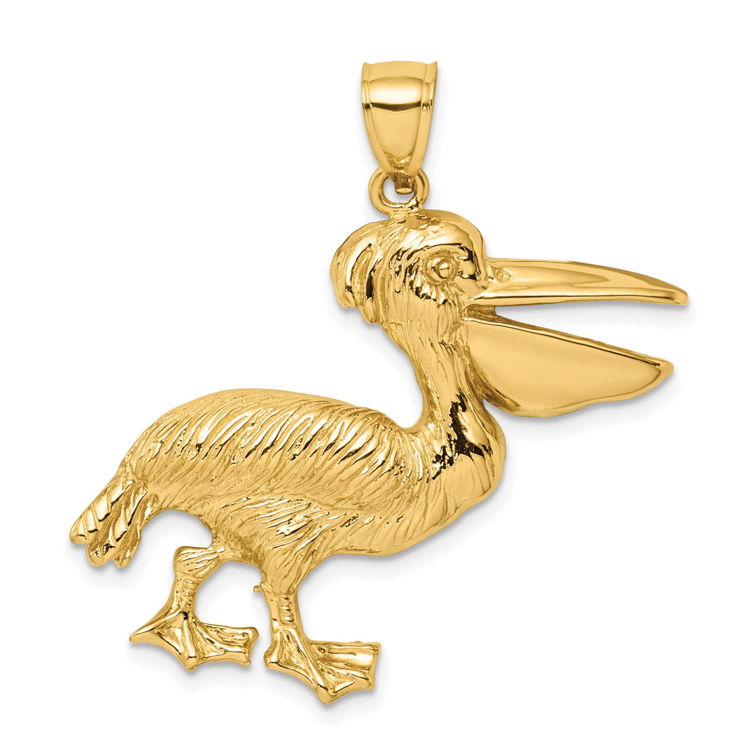 14K Yellow Gold Polished Textured Finish Pelican Walking with Mouth Open Design Charm Pendant