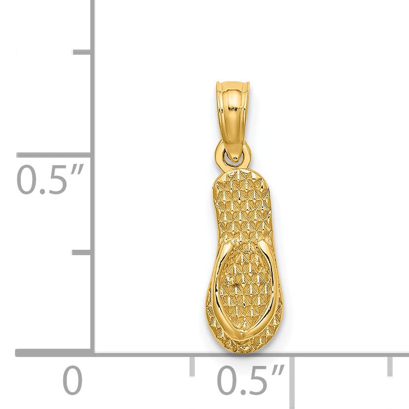 14K Yellow Gold Polished Textured Finish Reversible 3-Dimensional LBI (Long Beach Island) Single Flip-flop Sandle Charm Pendant