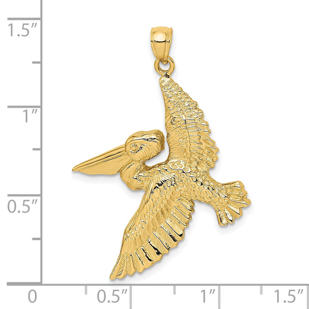 14K Yellow Gold Polish Textured Finish 3-Dimensional Pelican in Flight Charm Pendant