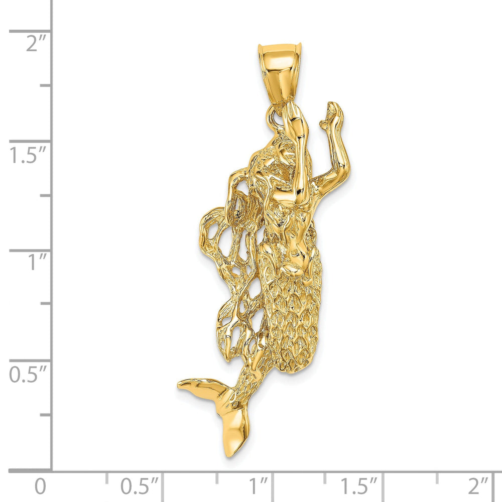 14K Yellow Gold Textured Finish3-Dimensional Large Size Mermaid Charm Pendant
