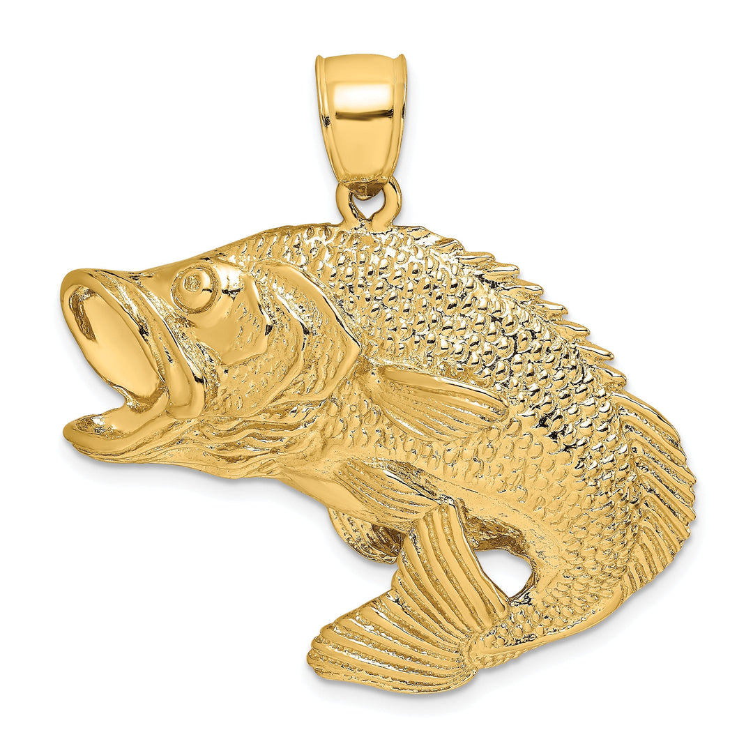 14k Yellow Gold 2-Dimensional Solid Polished Textured Finish Bass Fish Jumping Charm Pendant