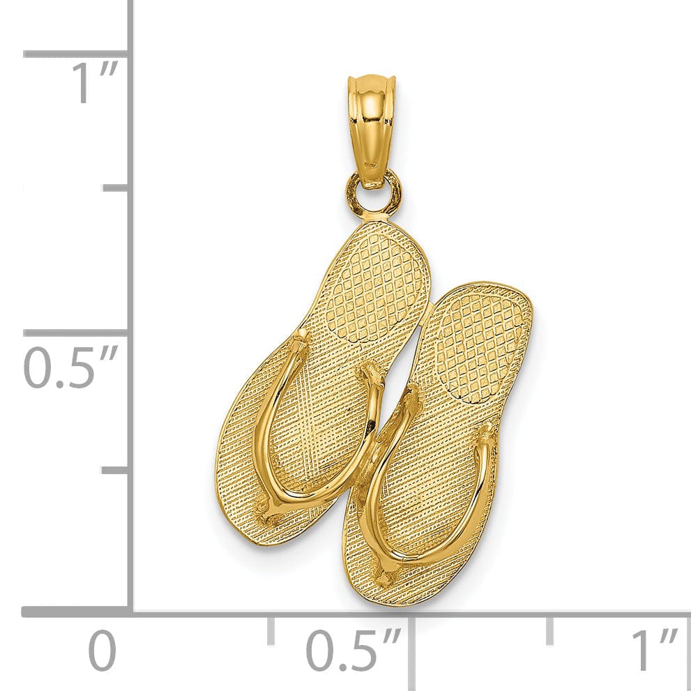 14K Yellow Gold Textured Polished Finish Large Size MARCO ISLAND Double Double Flip-Flop Sandles Charm Pendant