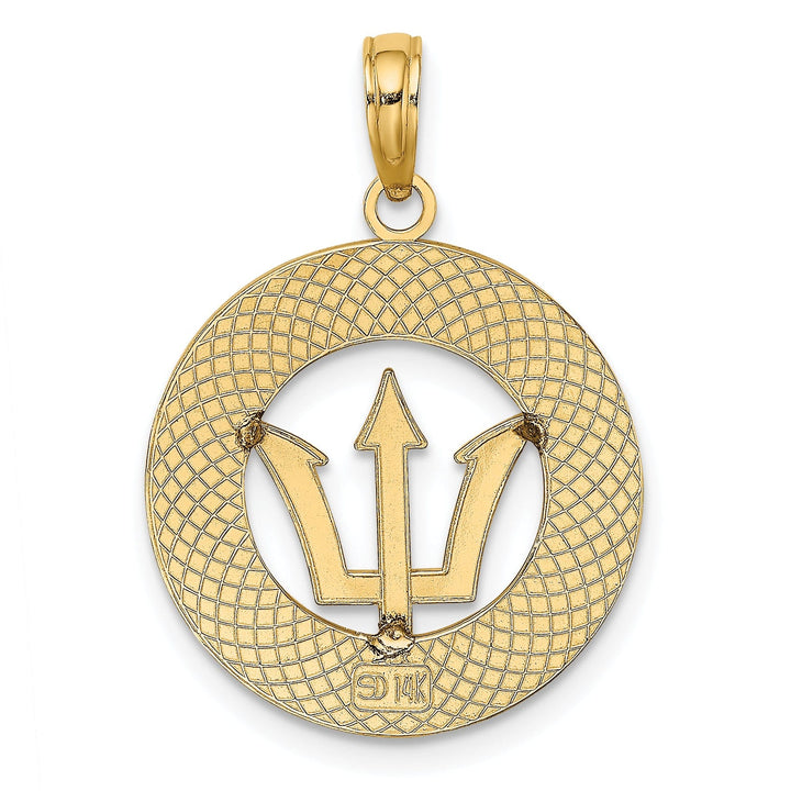 14K Yellow Gold Textured Polished Finish BARBADOS with Trident Spear in Circle Design Charm Pendant