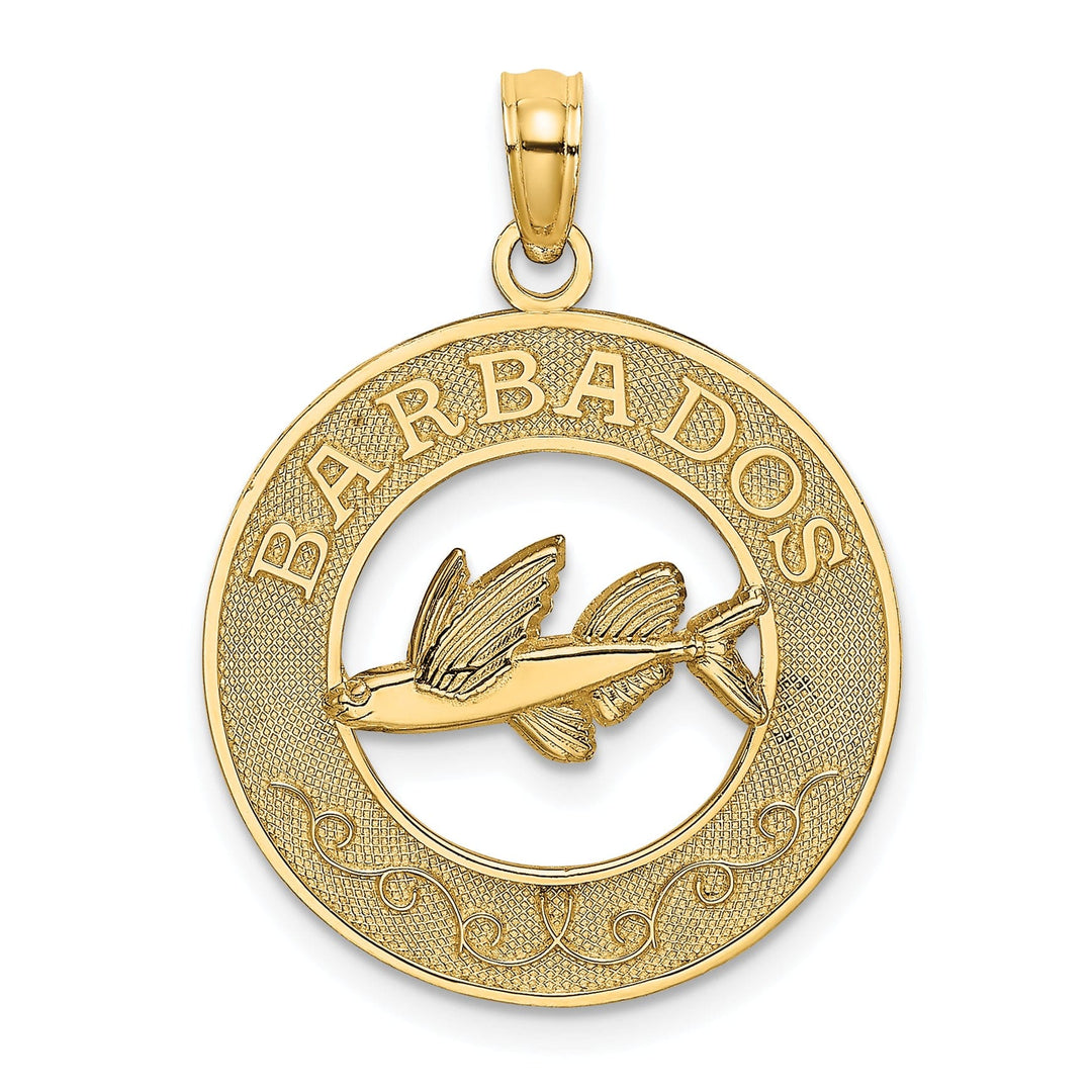 14K Yellow Gold Textured Polished Finish BARBADOS with Flying Fish in Circle Design Charm Pendant