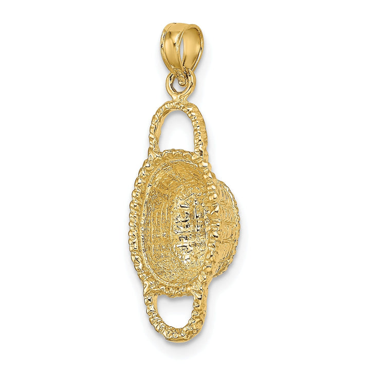14K Yellow Gold Texture Finish 3-Dimensional 2 Handles Oval Basket Charm Pendant