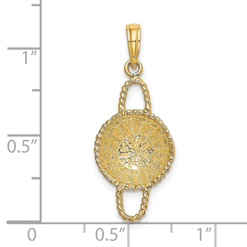 14K Yellow Gold Texture Finish 3-Dimensional 2 Handles Round Basket Charm Pendant