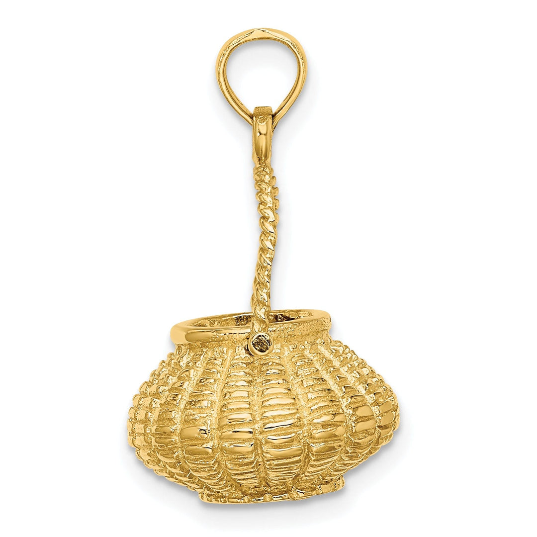 14K Yellow Gold Texture Finish 3-Dimensional Moveable Handle Flower Basket Charm Pendant