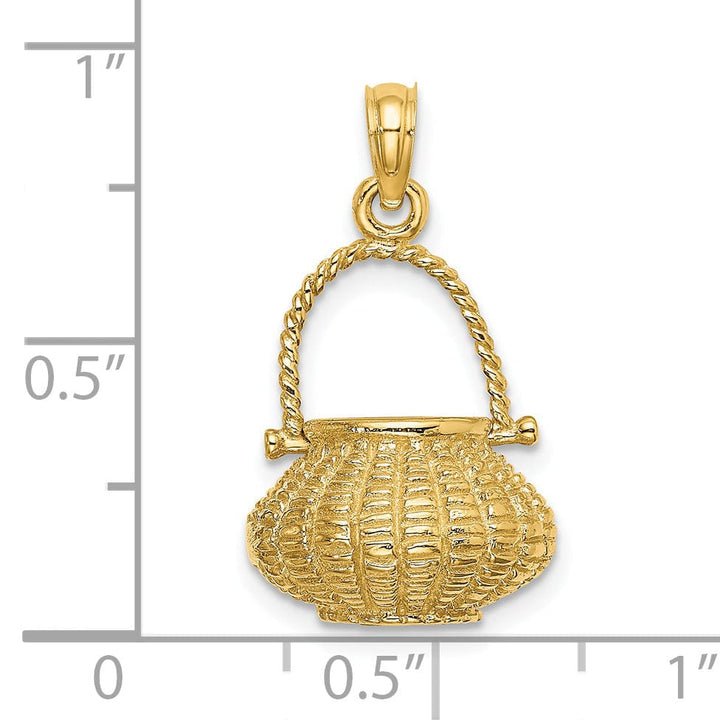 14K Yellow Gold Texture Finish 3-Dimensional Moveable Handle Flower Basket Charm Pendant