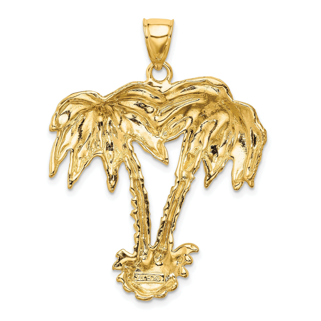 14K Yellow Gold Polished Texture Finish Concave Shape 2-Dimensional Double Palm Trees Design Charm Pendant