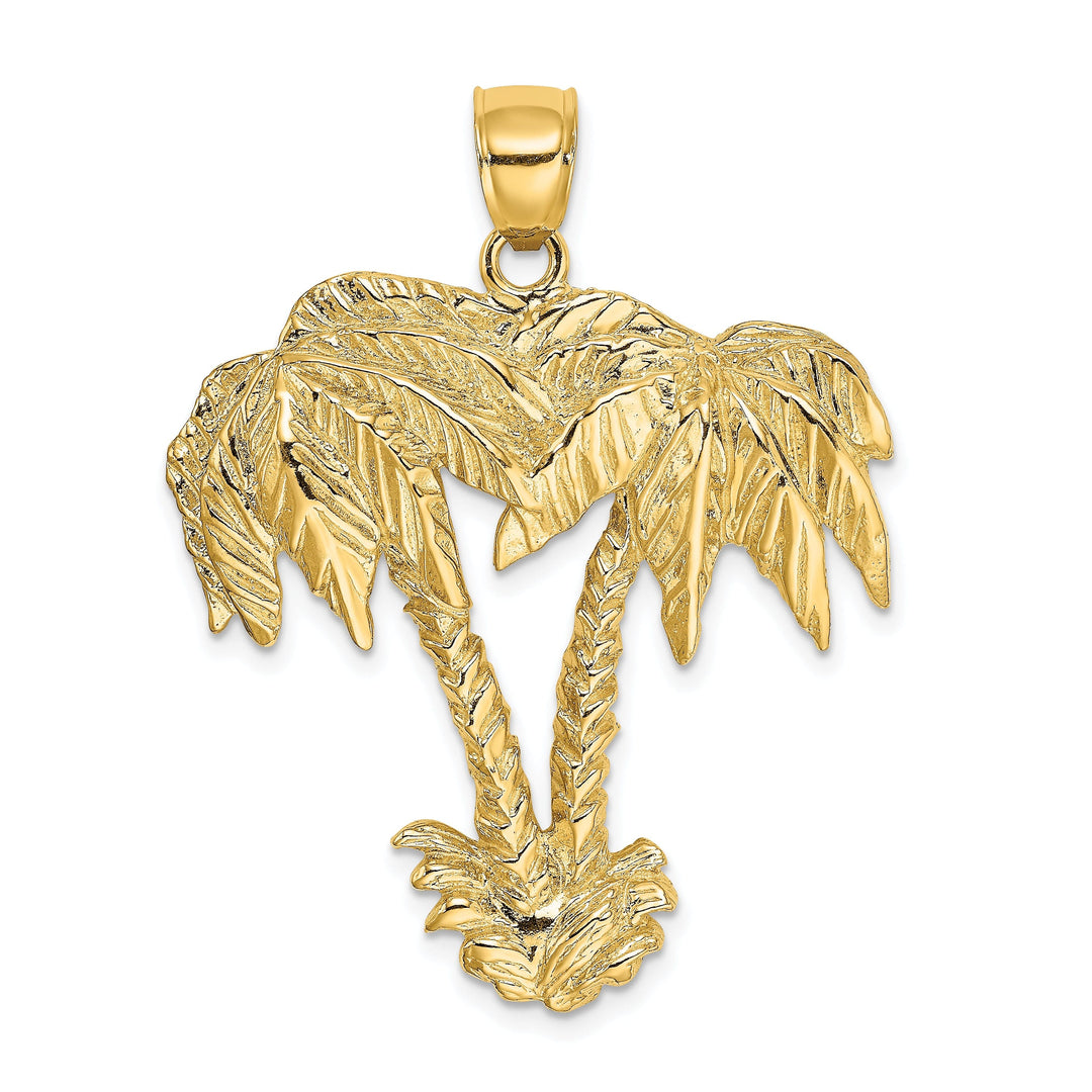 14K Yellow Gold Polished Texture Finish Concave Shape 2-Dimensional Double Palm Trees Design Charm Pendant