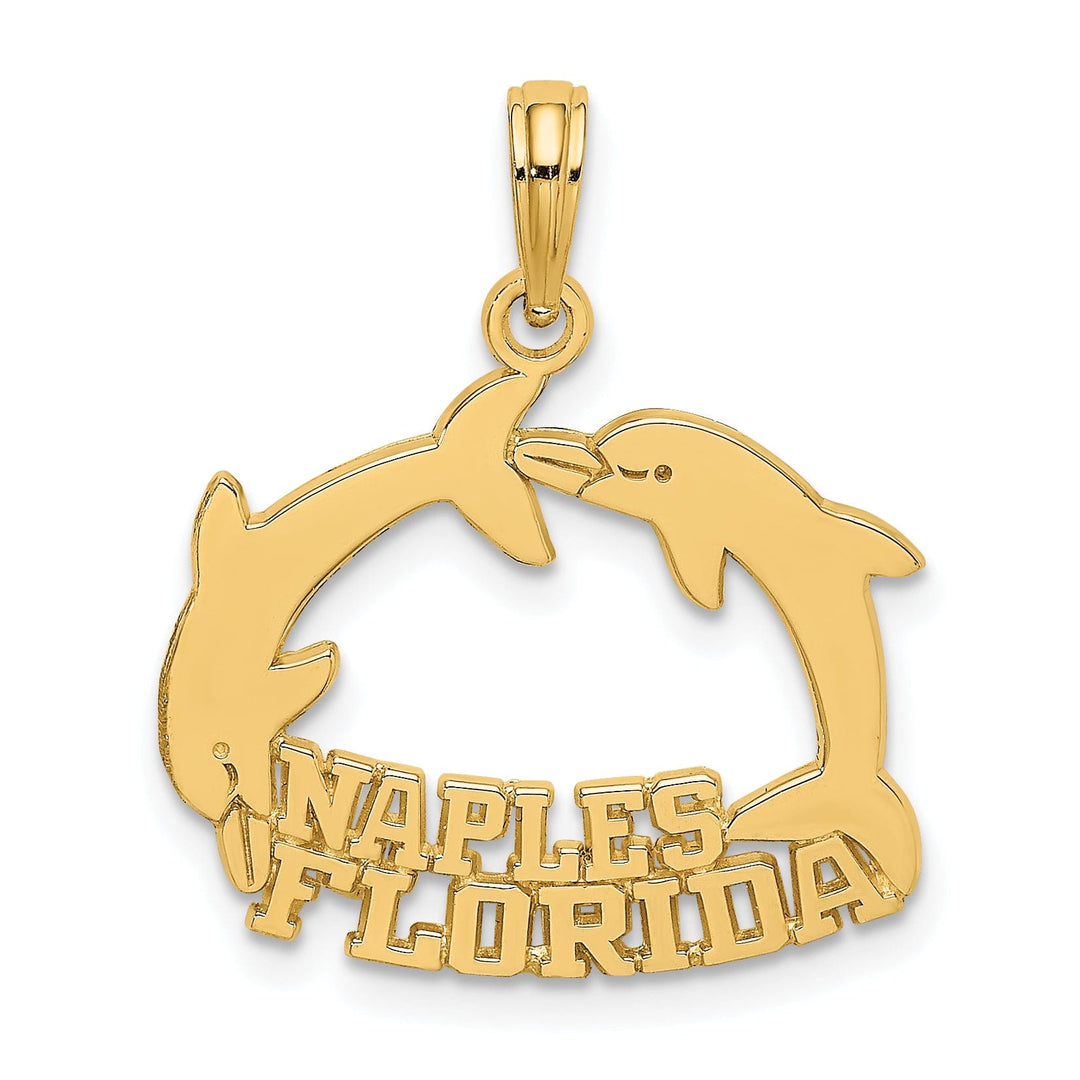 14K Yellow Gold Polished Finish NAPLES FLORIDA Double Jumping Dolphins Charm Pendant