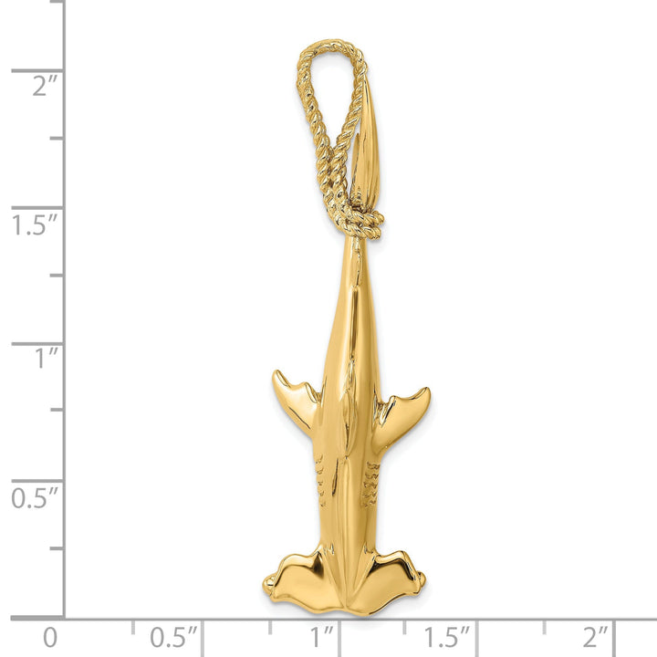 14K Yellow Gold Textured Polished Finish 3-Dimensional Hammerhead Shark with Rope Bail Design Charm Pendant