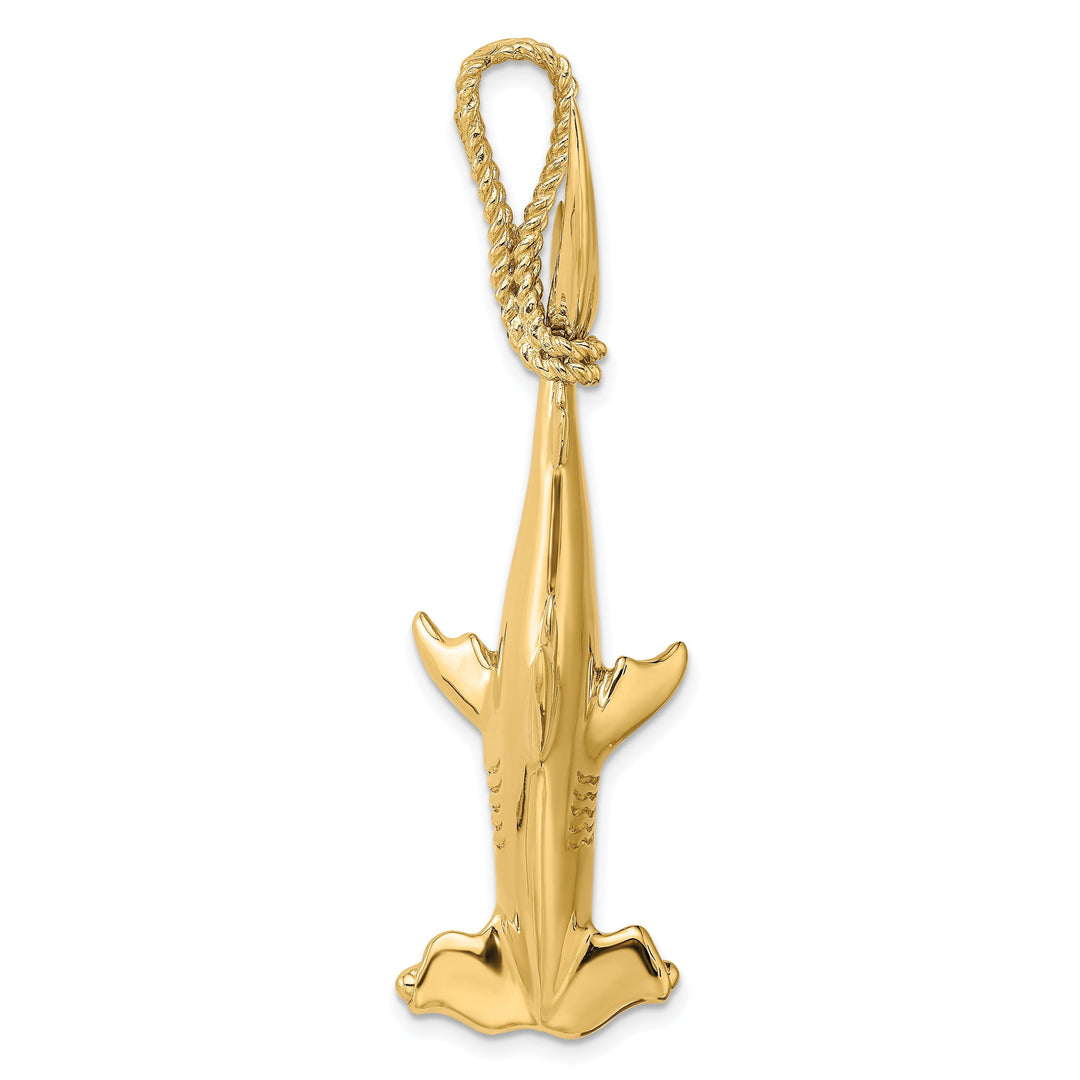 14K Yellow Gold Textured Polished Finish 3-Dimensional Hammerhead Shark with Rope Bail Design Charm Pendant