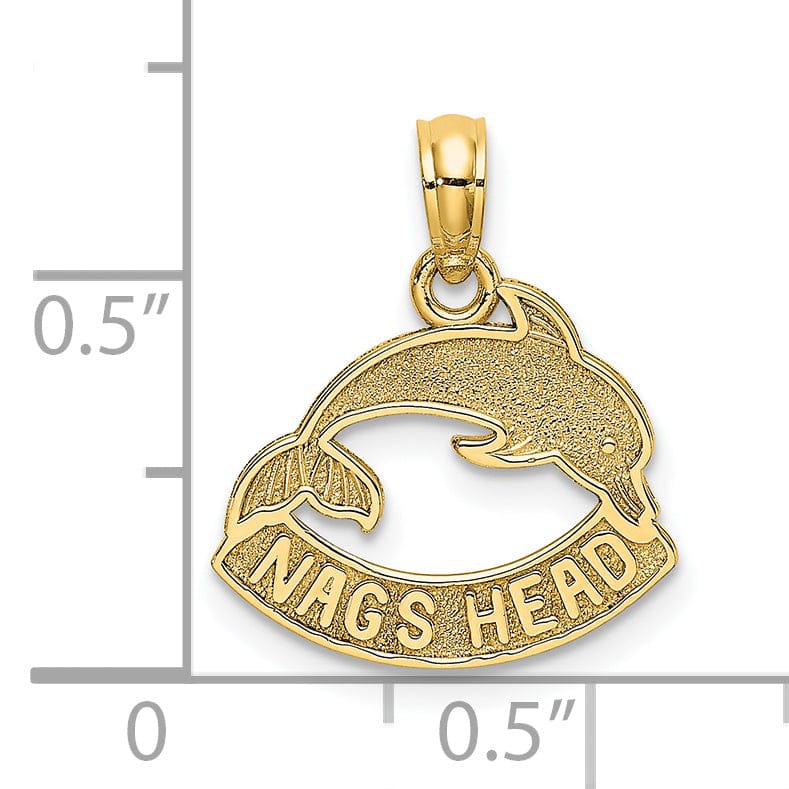 14K Yellow Gold Polished Textured Finish NAGS HEAD Banner with Dolphin Charm Pendant