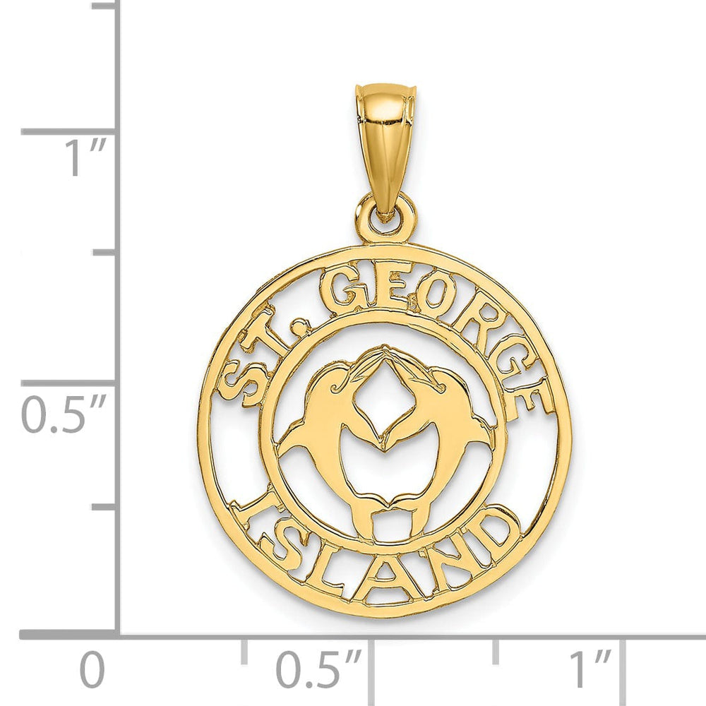 14K Yellow Gold Polished Textured Finish Saint GEORGE ISLAND with Double Dolphins in Circle Design Charm Pendant