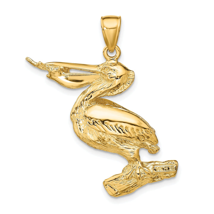 14K Yellow Gold Polished Textured Finish 3-Dimensional Pelican with Fish In Mouth Charm Pendant