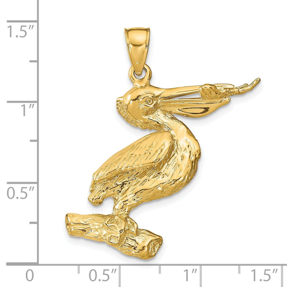 14K Yellow Gold Polished Textured Finish 3-Dimensional Pelican with Fish In Mouth Charm Pendant