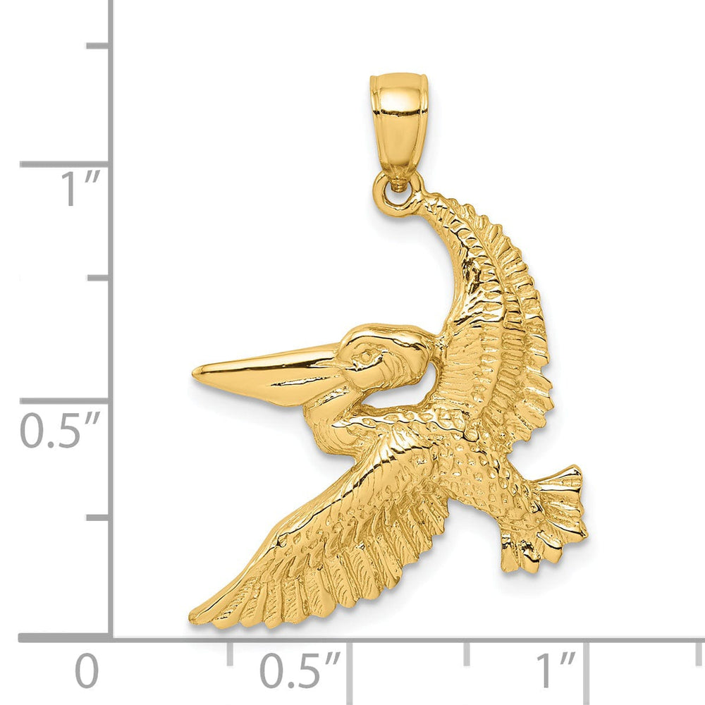 14K Yellow Gold Polish Texture Finish 3-Dimensional Pelican in Flight Charm Pendant