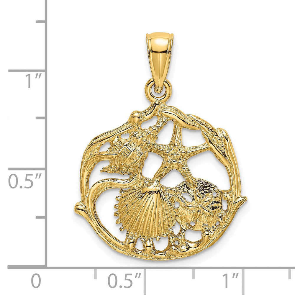 14K Yellow Gold Polished Textured Finish Solid Shell Cluster, Star Fish In Circle Design Charm Pendant