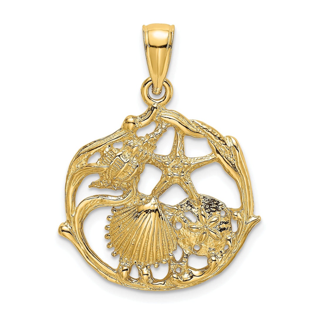 14K Yellow Gold Polished Textured Finish Solid Shell Cluster, Star Fish In Circle Design Charm Pendant