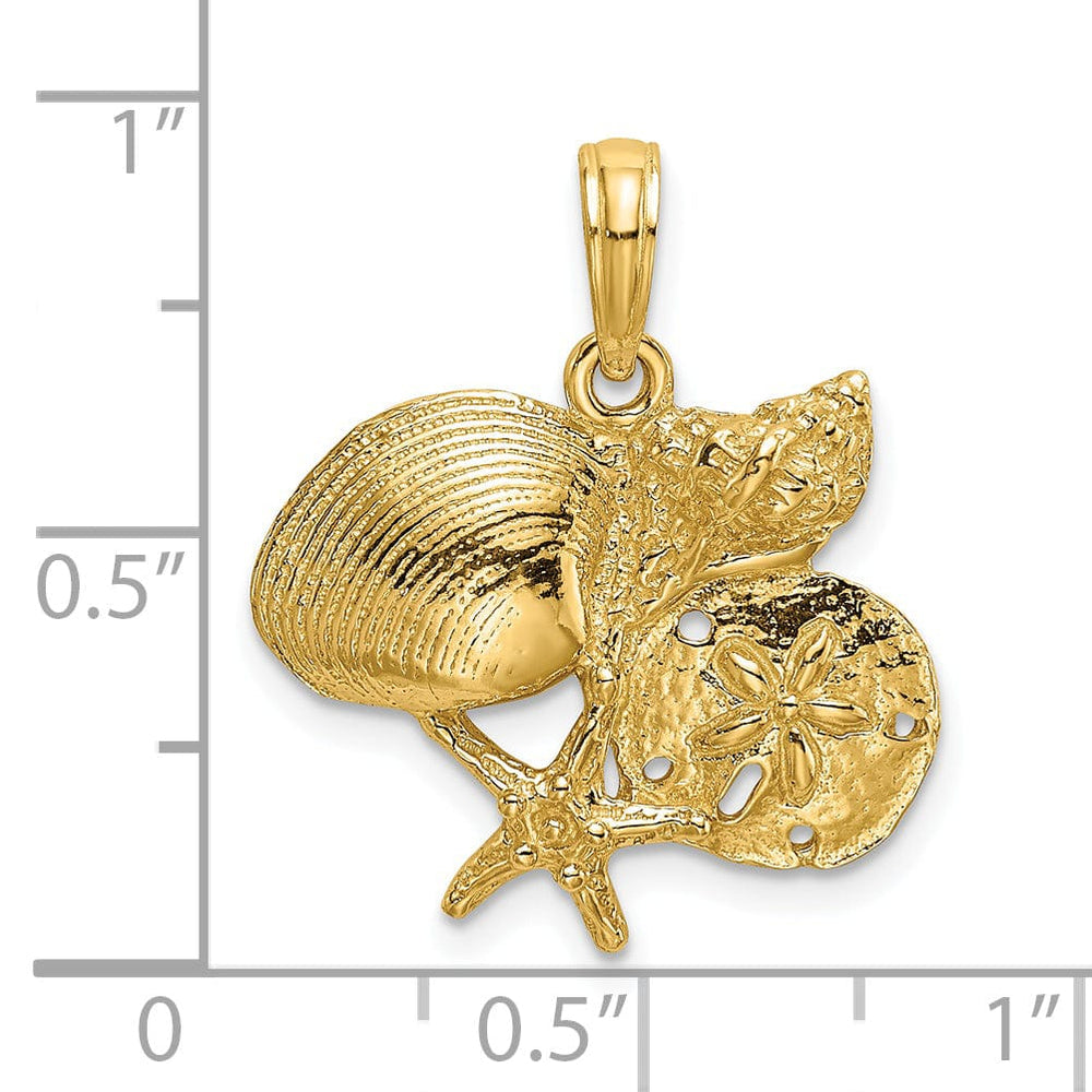 14K Yellow Gold Solid Polished Texture Finish Shell, Starfish and Sand Dollar Cluster Design Charm Pendant