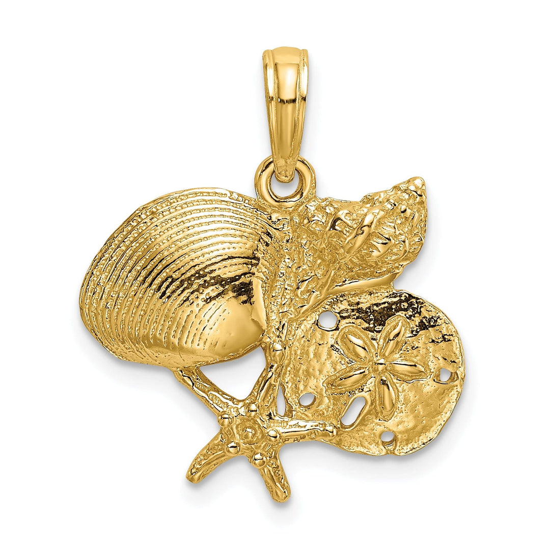 14K Yellow Gold Solid Polished Texture Finish Shell, Starfish and Sand Dollar Cluster Design Charm Pendant