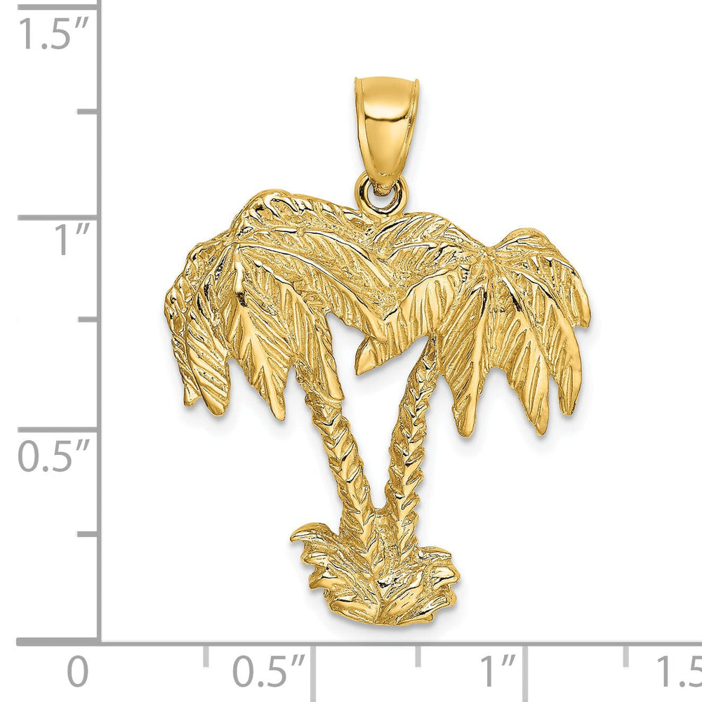 14K Yellow Gold Polished Textured Finish Concave Shape 2-Dimensional Double Palm Trees Design Charm Pendant