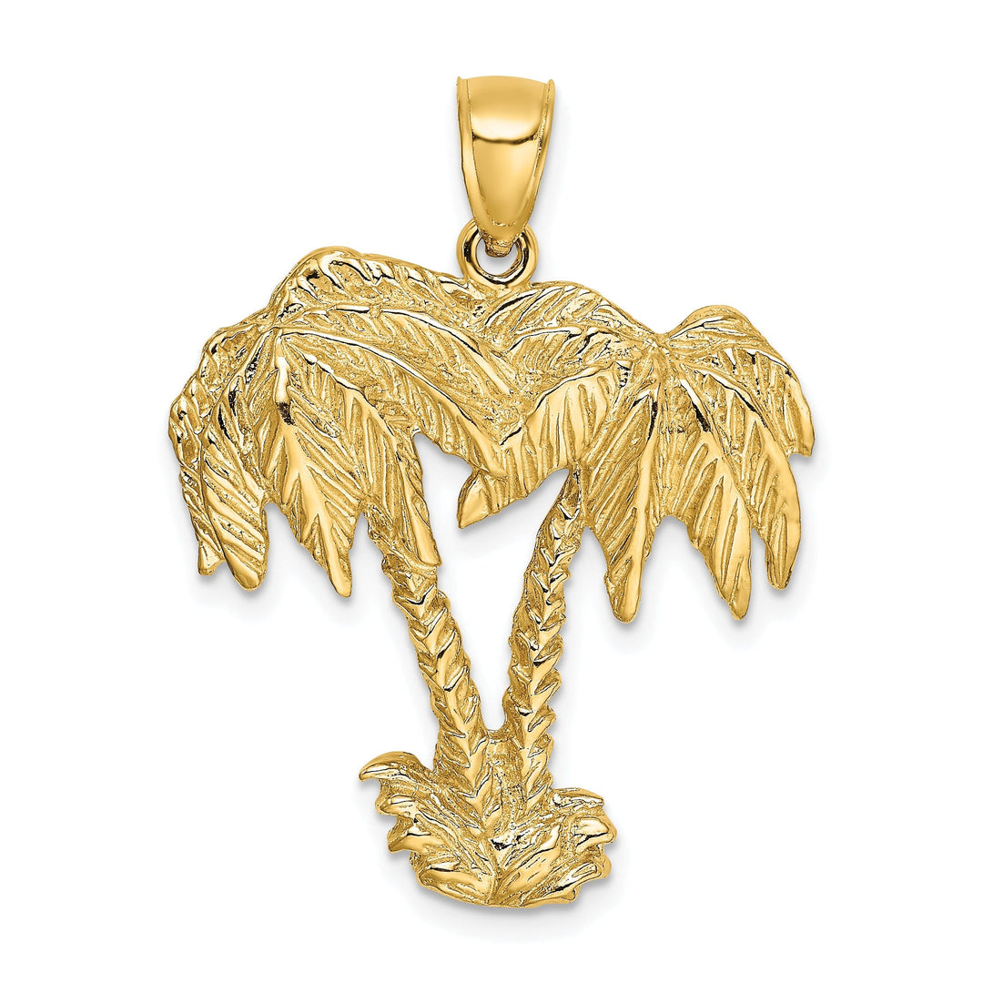 14K Yellow Gold Polished Textured Finish Concave Shape 2-Dimensional Double Palm Trees Design Charm Pendant