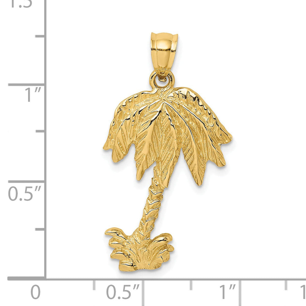 14K Yellow Gold Polished Texture Finish Concave Shape 2-Dimensional Single Palm Tree Charm
