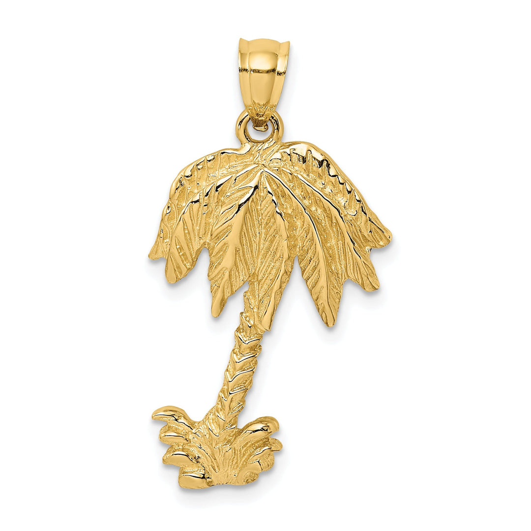 14K Yellow Gold Polished Texture Finish Concave Shape 2-Dimensional Single Palm Tree Charm