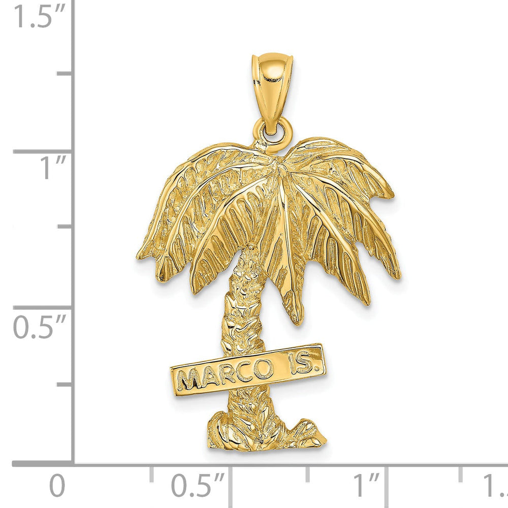 14K Yellow Gold Textured Polished Finish Open Back MARCO ISLAND Banner Under Large Palm Tree Charm Pendant