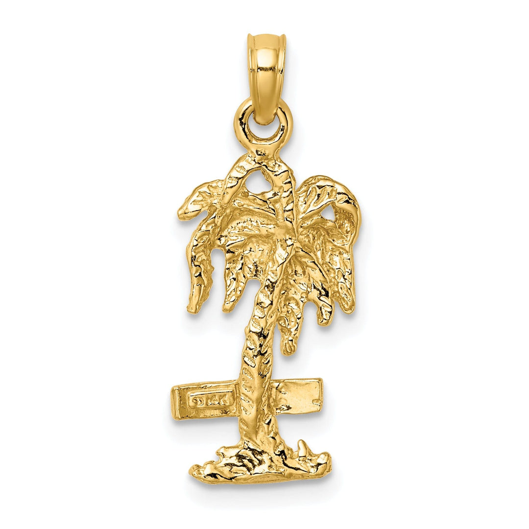 14K Yellow Gold Textured Polished Finish MARCO ISLAND Banner Sign on Palm Tree Charm Pendant